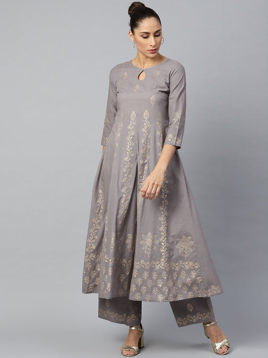 Women's Grey Three-Quarter Sleeves Flared Kurta With Palazzo Set