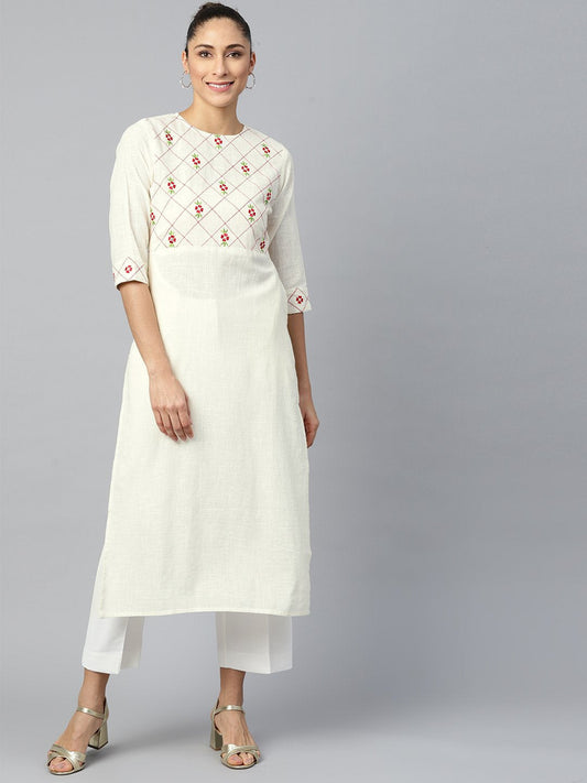 Women's Offwhite Calf Length Three-Quarter Sleeves Straight Woven Design Embroidered Cotton Kurta