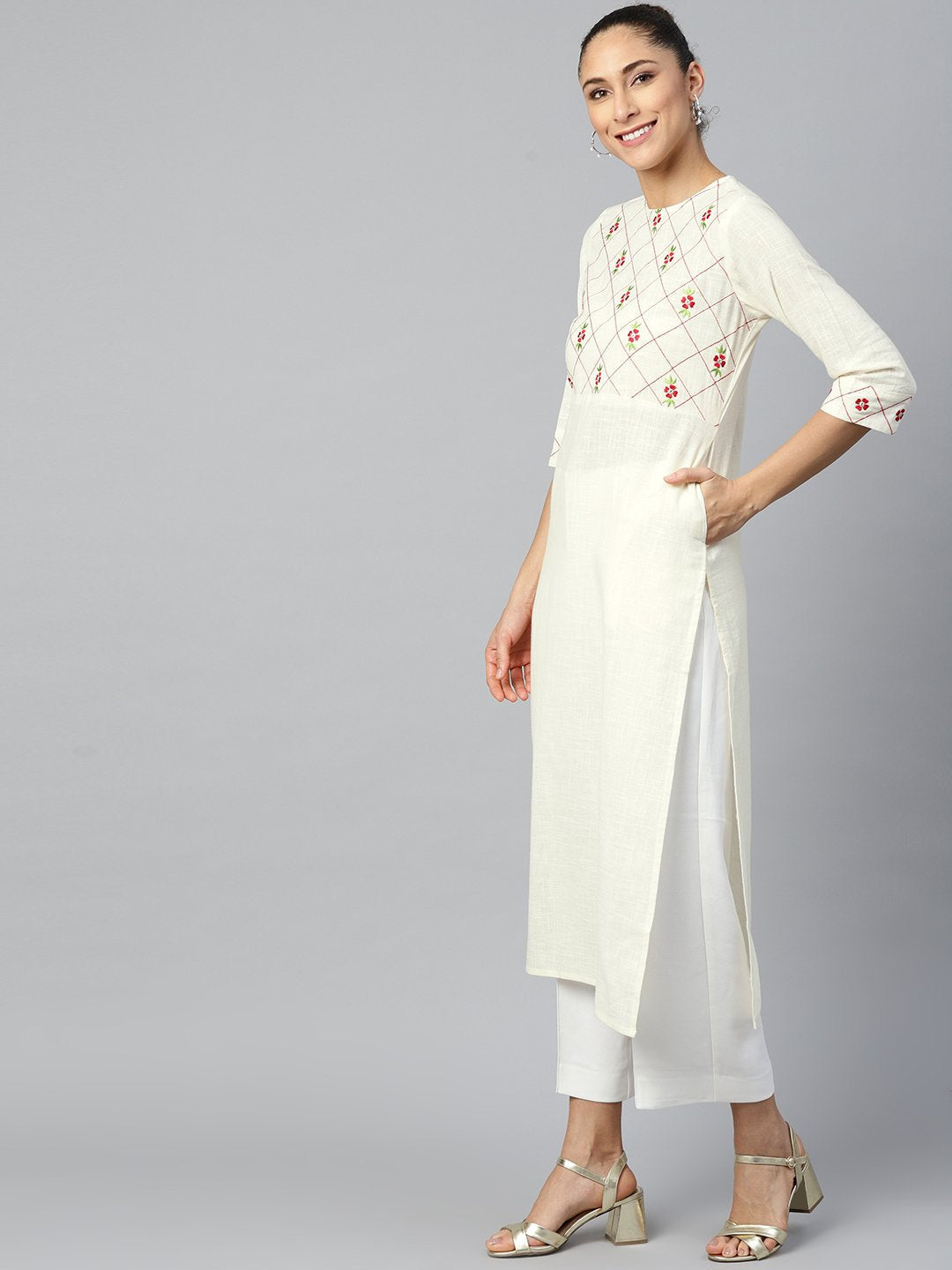 Women's Offwhite Calf Length Three-Quarter Sleeves Straight Woven Design Embroidered Cotton Kurta
