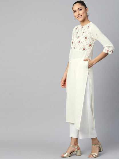Women's Offwhite Calf Length Three-Quarter Sleeves Straight Woven Design Embroidered Cotton Kurta