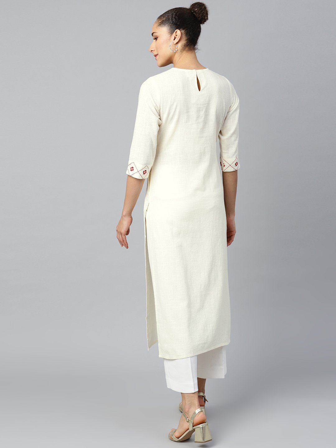 Women's Offwhite Calf Length Three-Quarter Sleeves Straight Woven Design Embroidered Cotton Kurta