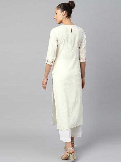 Women's Offwhite Calf Length Three-Quarter Sleeves Straight Woven Design Embroidered Cotton Kurta