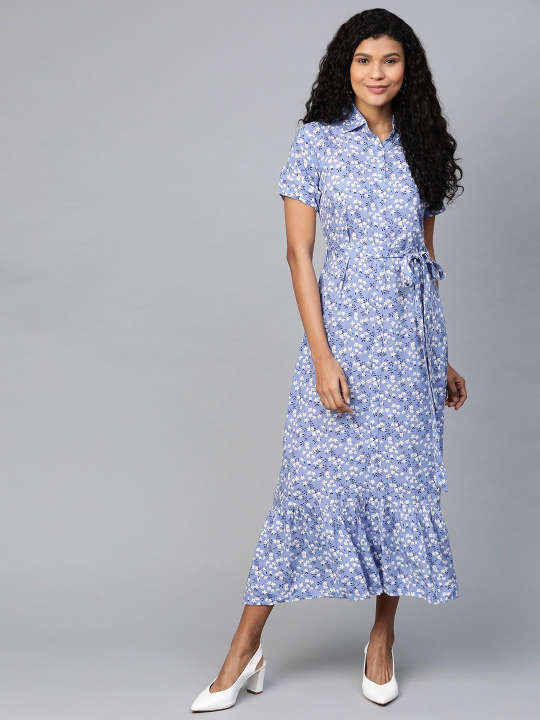 Women's Purple  Floral Printed Shirt Collar Viscose Rayon A-Line Dress