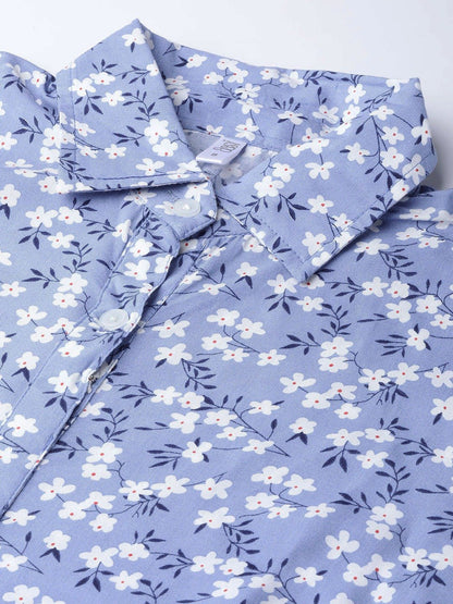 Women's Purple  Floral Printed Shirt Collar Viscose Rayon A-Line Dress