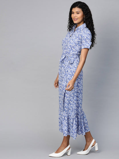 Women's Purple  Floral Printed Shirt Collar Viscose Rayon A-Line Dress