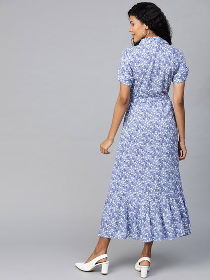 Women's Purple  Floral Printed Shirt Collar Viscose Rayon A-Line Dress