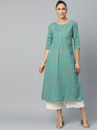 Women's Green Calf Length Three-Quarter Sleeves A-Line Geometric Yoke Design Cotton Kurta