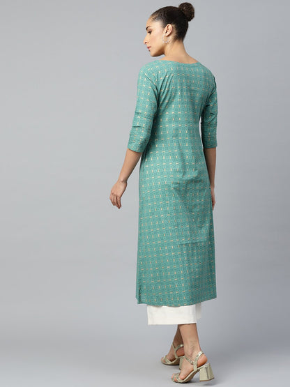 Women's Green Calf Length Three-Quarter Sleeves A-Line Geometric Yoke Design Cotton Kurta