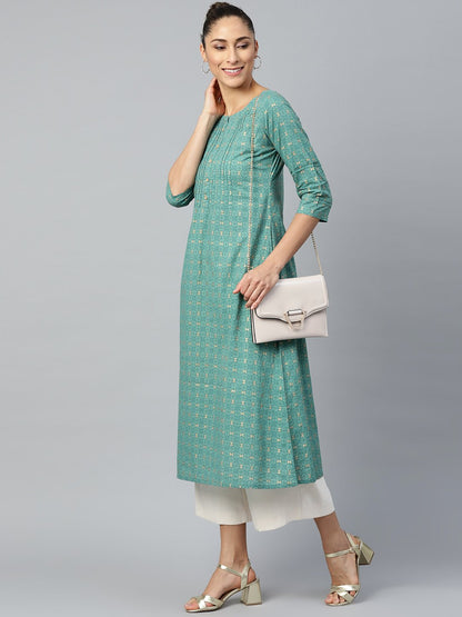 Women's Green Calf Length Three-Quarter Sleeves A-Line Geometric Yoke Design Cotton Kurta
