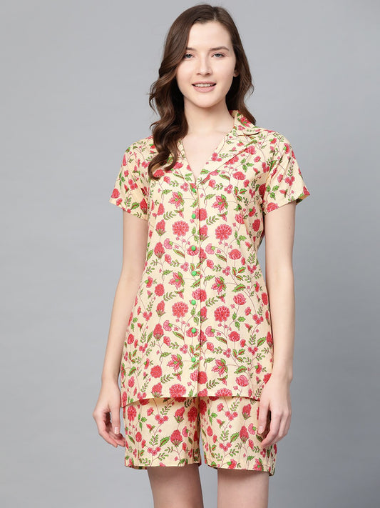 Women's Beige Floral Printed Night Suit