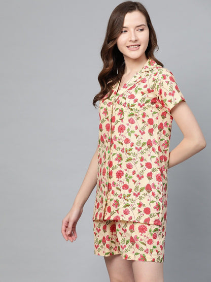 Women's Beige Floral Printed Night Suit