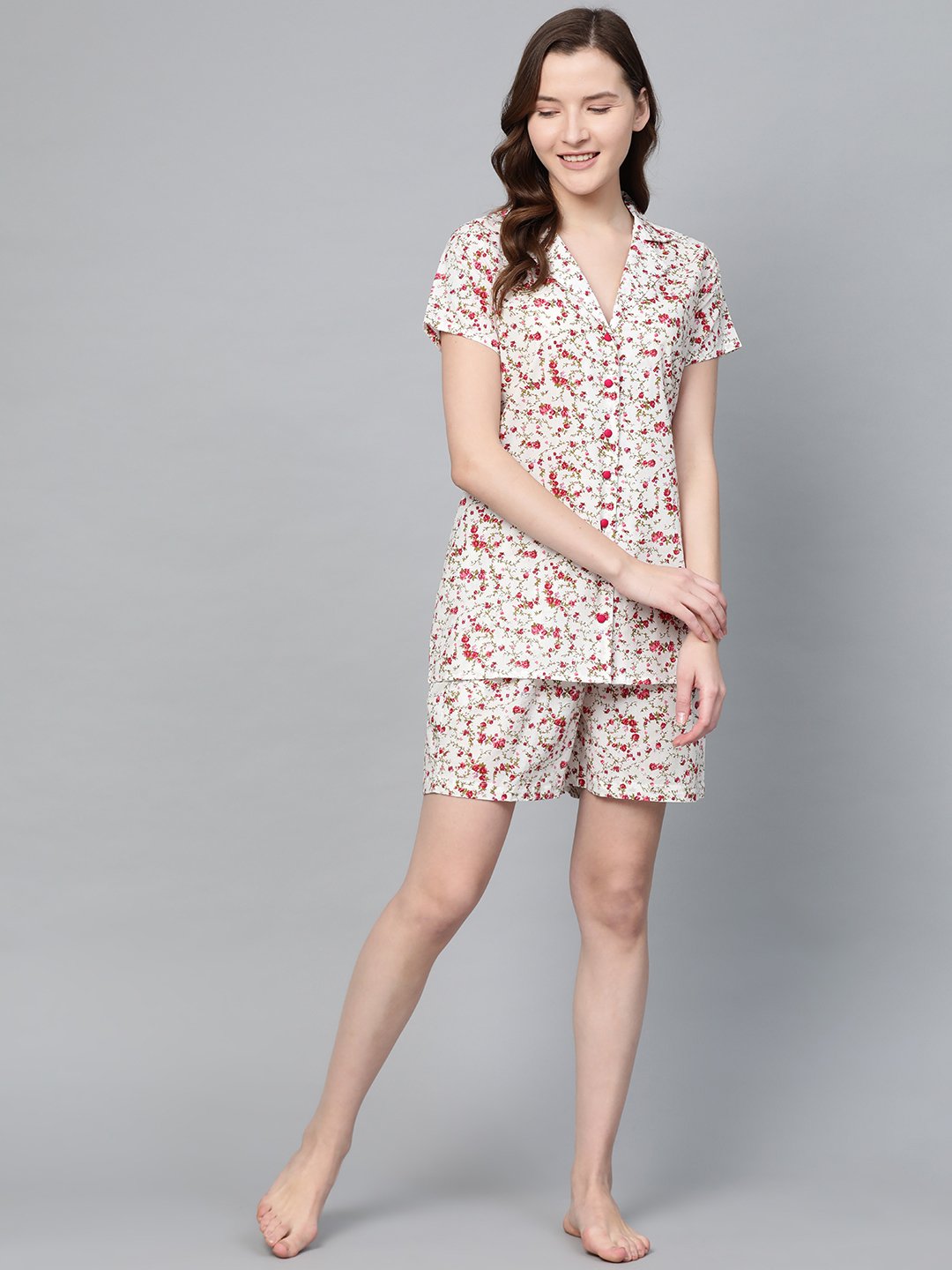 Women's White Floral Printed Night Suit