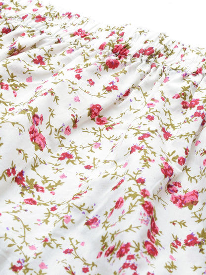Women's White Floral Printed Night Suit