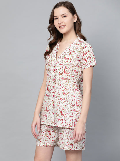 Women's White Floral Printed Night Suit