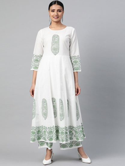 Women's White Three-Quarter Sleeves Flared Kurta With Palazzo