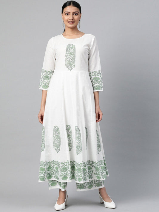 Women's White Three-Quarter Sleeves Flared Kurta With Palazzo
