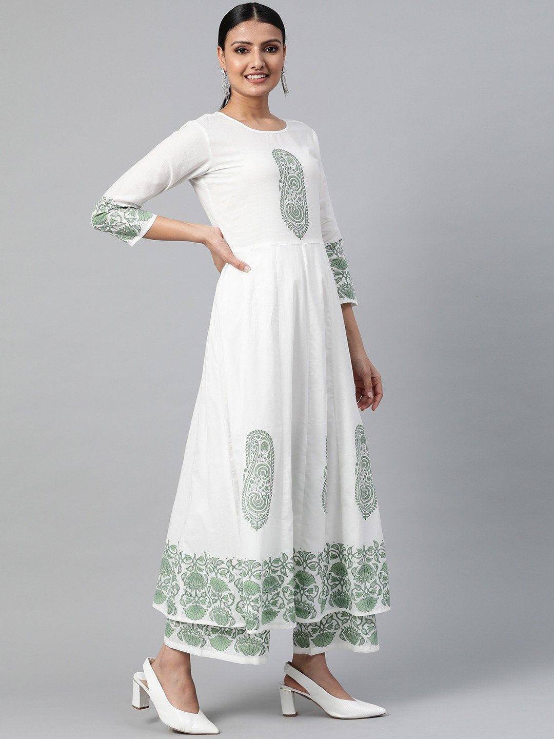 Women's White Three-Quarter Sleeves Flared Kurta With Palazzo
