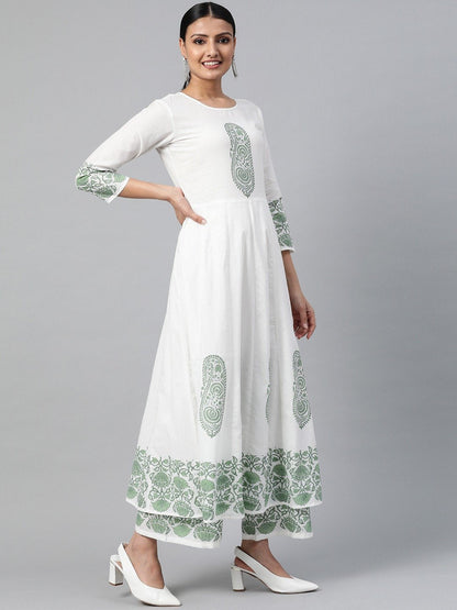 Women's White Three-Quarter Sleeves Flared Kurta With Palazzo