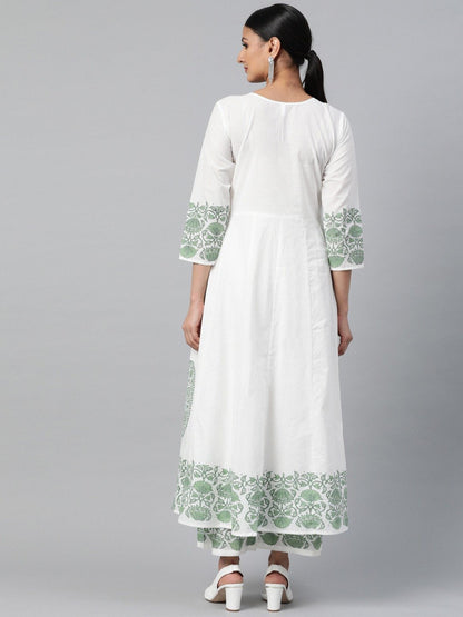 Women's White Three-Quarter Sleeves Flared Kurta With Palazzo