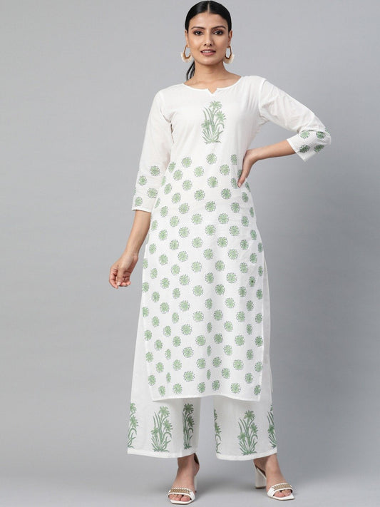 Women's White Three-Quarter Sleeves Straight Kurta With Palazzo