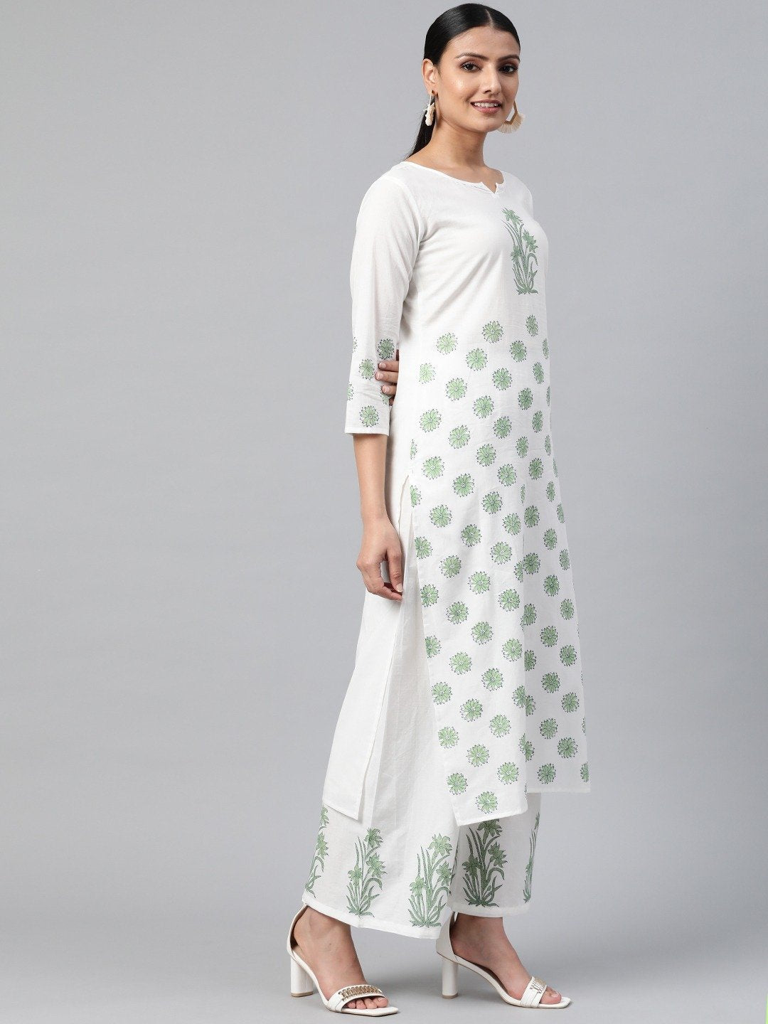 Women's White Three-Quarter Sleeves Straight Kurta With Palazzo