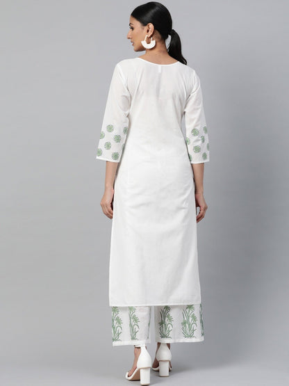 Women's White Three-Quarter Sleeves Straight Kurta With Palazzo