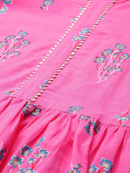 Women's Pink Three-Quarter Sleeves Flared Kurta With Palazzo