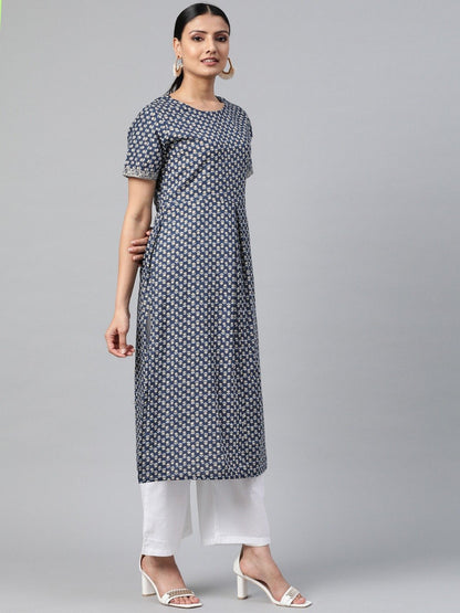 Women's Black Calf Length Short Sleeves Straight Floral Printed Cotton Kurta