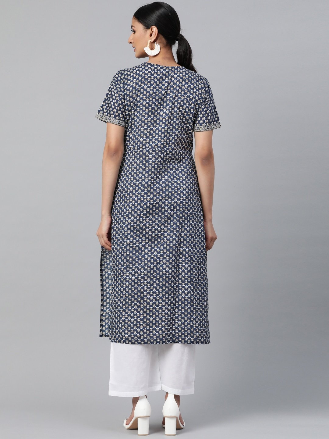 Women's Black Calf Length Short Sleeves Straight Floral Printed Cotton Kurta