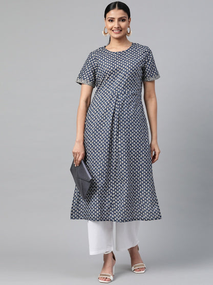 Women's Black Calf Length Short Sleeves Straight Floral Printed Cotton Kurta