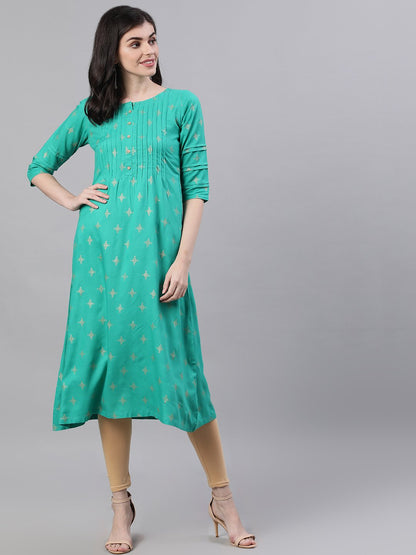 Women's Green Calf Length Three-Quarter Sleeves A-Line Ethnic Motifs Printed Viscose Rayon Kurta