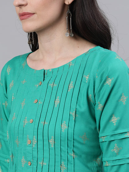 Women's Green Calf Length Three-Quarter Sleeves A-Line Ethnic Motifs Printed Viscose Rayon Kurta