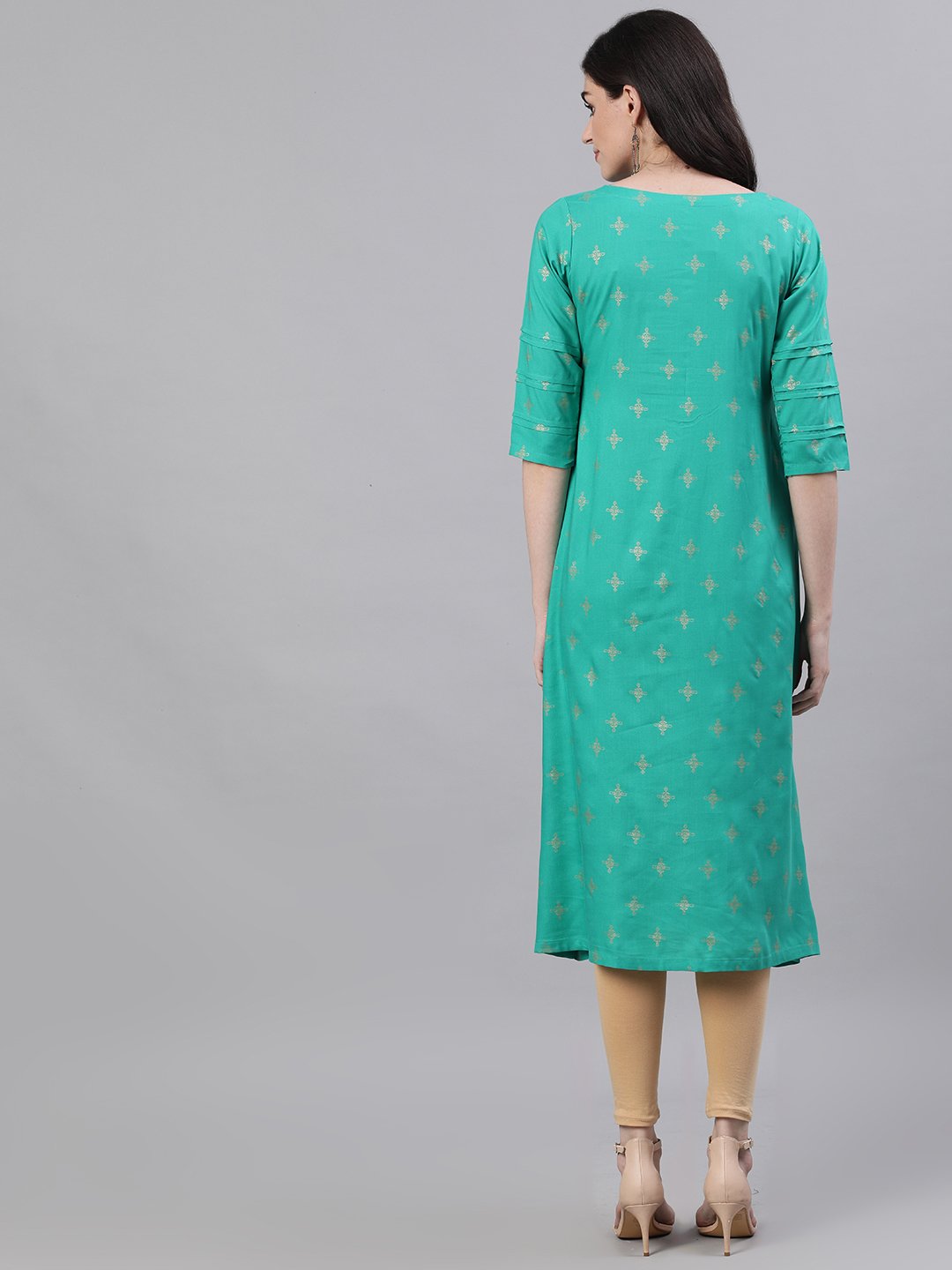 Women's Green Calf Length Three-Quarter Sleeves A-Line Ethnic Motifs Printed Viscose Rayon Kurta