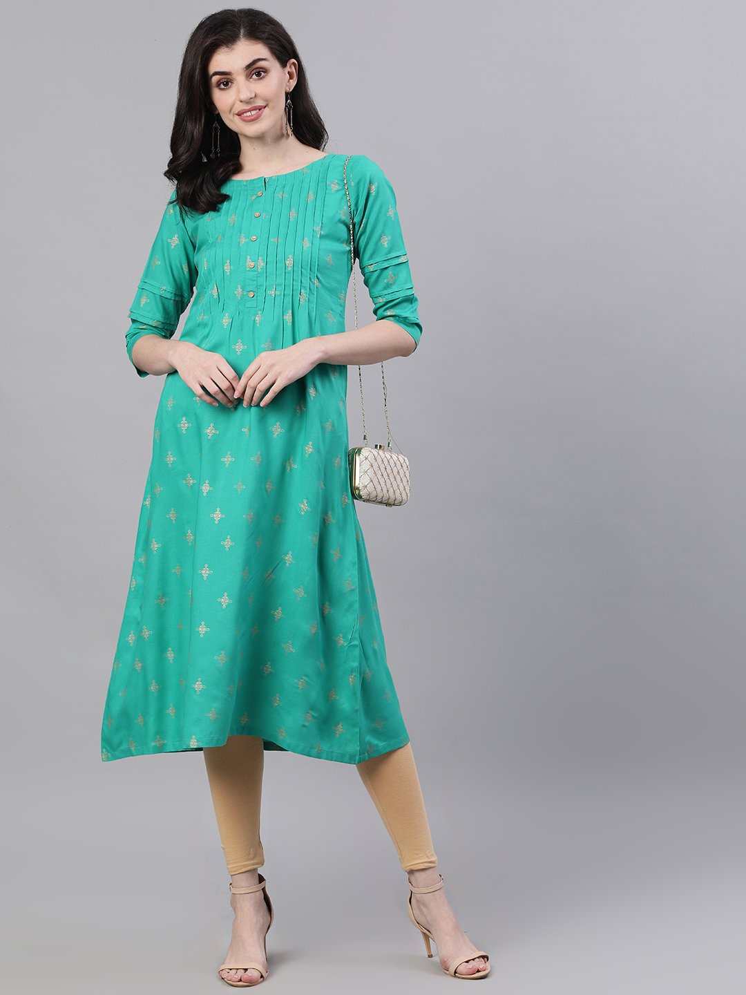 Women's Green Calf Length Three-Quarter Sleeves A-Line Ethnic Motifs Printed Viscose Rayon Kurta