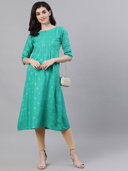 Women's Green Calf Length Three-Quarter Sleeves A-Line Ethnic Motifs Printed Viscose Rayon Kurta