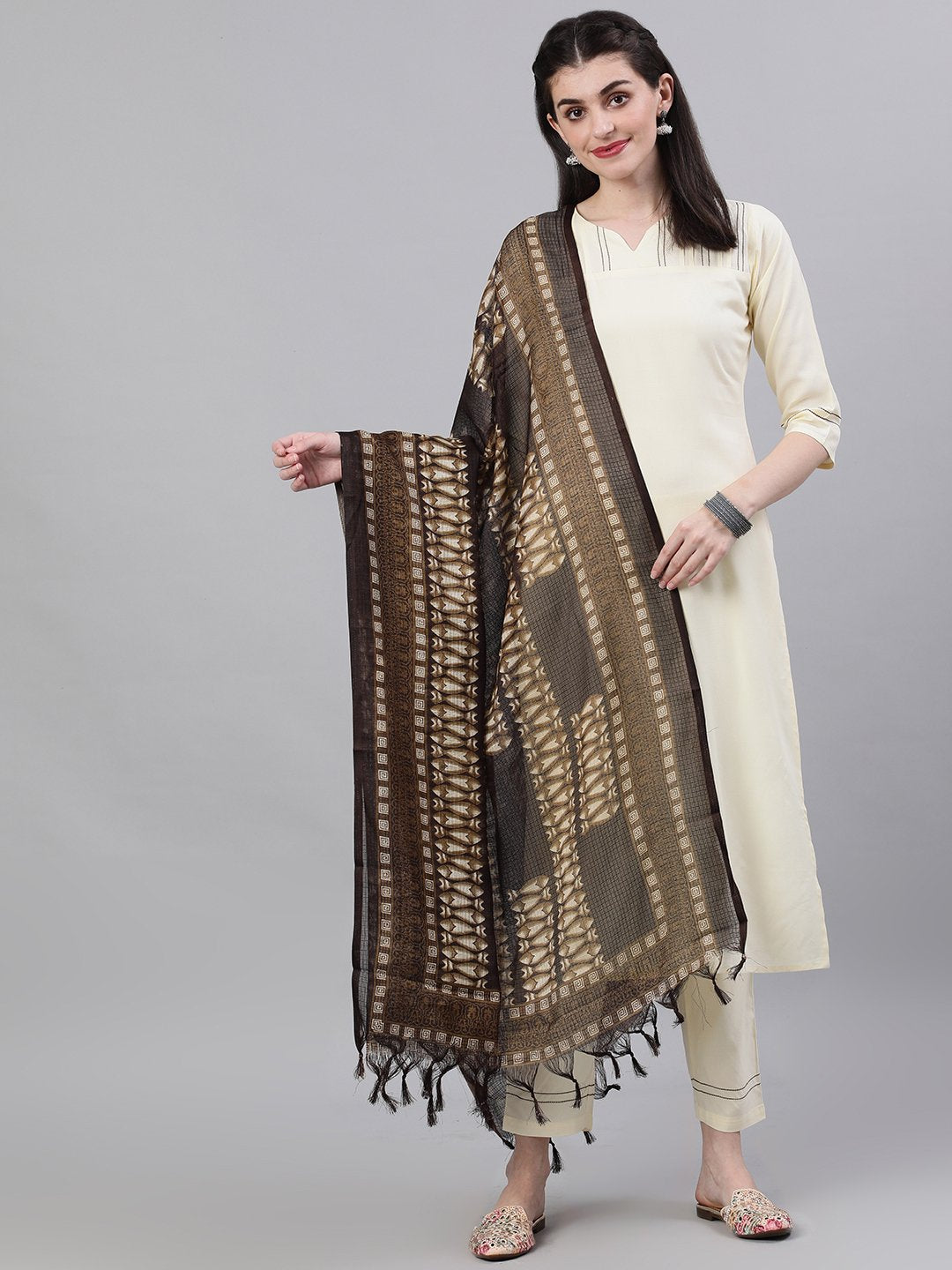 Women's Cream Three-Quarter Sleeves Straight Kurta Palazzo With Dupatta