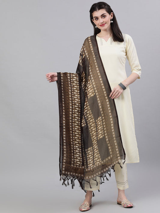 Women's Cream Three-Quarter Sleeves Straight Kurta Palazzo With Dupatta