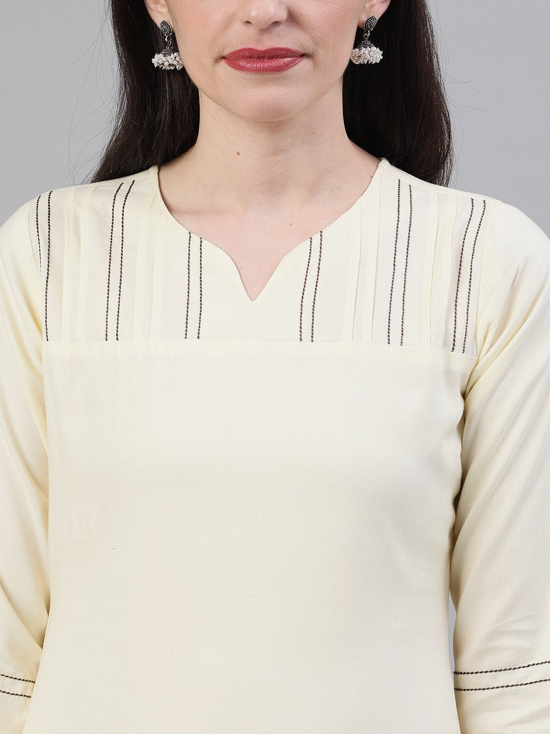 Women's Cream Three-Quarter Sleeves Straight Kurta Palazzo With Dupatta