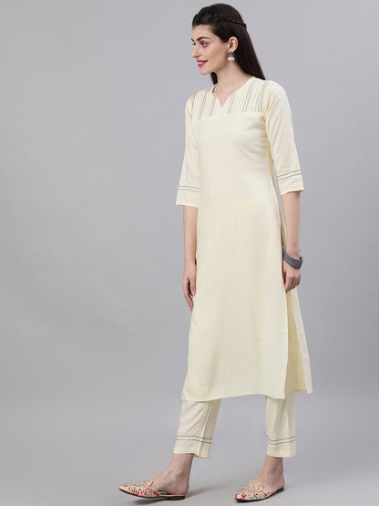 Women's Cream Three-Quarter Sleeves Straight Kurta Palazzo With Dupatta