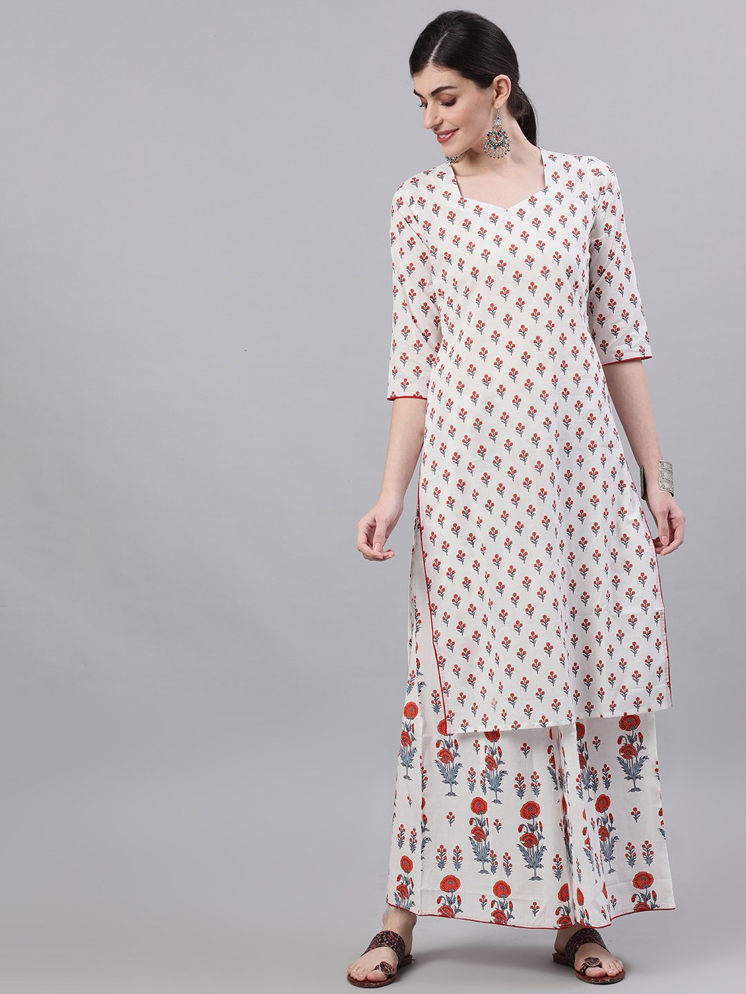 Women's White Three-Quarter Sleeves Straight Kurta And Wide Leg Palazzo Set