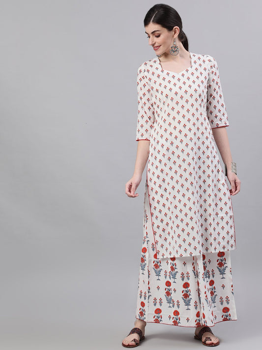 Women's White Three-Quarter Sleeves Straight Kurta And Wide Leg Palazzo Set