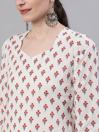 Women's White Three-Quarter Sleeves Straight Kurta And Wide Leg Palazzo Set