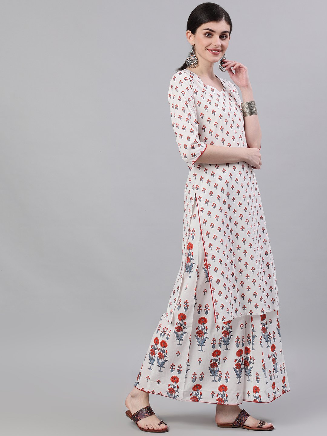Women's White Three-Quarter Sleeves Straight Kurta And Wide Leg Palazzo Set