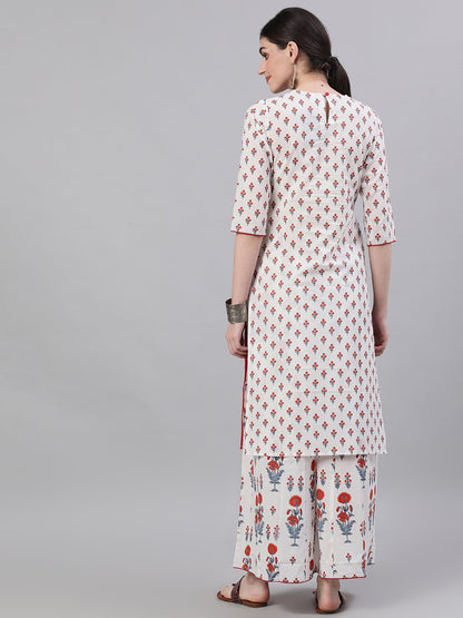 Women's White Three-Quarter Sleeves Straight Kurta And Wide Leg Palazzo Set
