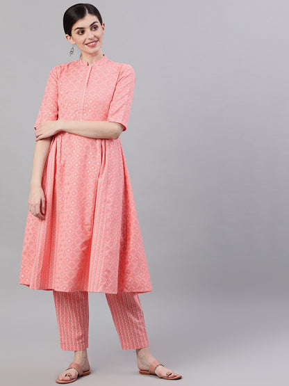 Women's Light Pastel Pink Three-Quarter Sleeves Flared Kurta With Palazzo