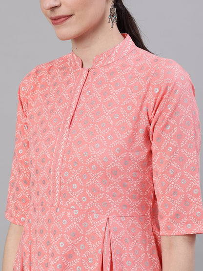 Women's Light Pastel Pink Three-Quarter Sleeves Flared Kurta With Palazzo