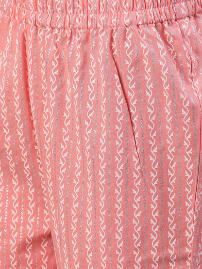 Women's Light Pastel Pink Three-Quarter Sleeves Flared Kurta With Palazzo
