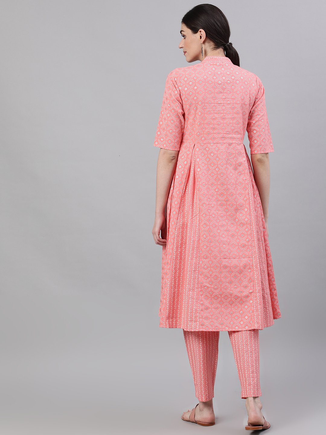 Women's Light Pastel Pink Three-Quarter Sleeves Flared Kurta With Palazzo