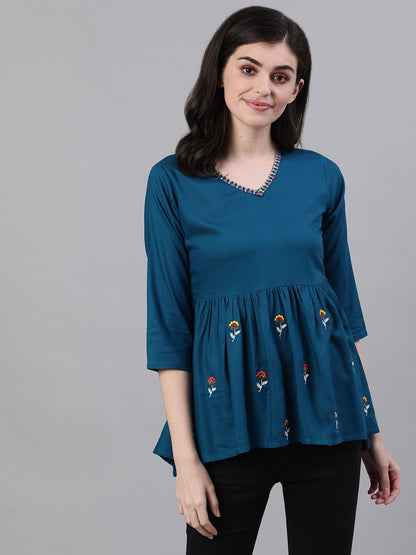 Women's Teal Blue Three-Quarter Sleeves Gathered Or Pleated Top