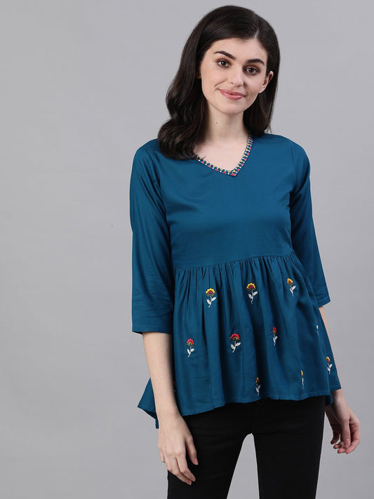 Women's Teal Blue Three-Quarter Sleeves Gathered Or Pleated Top